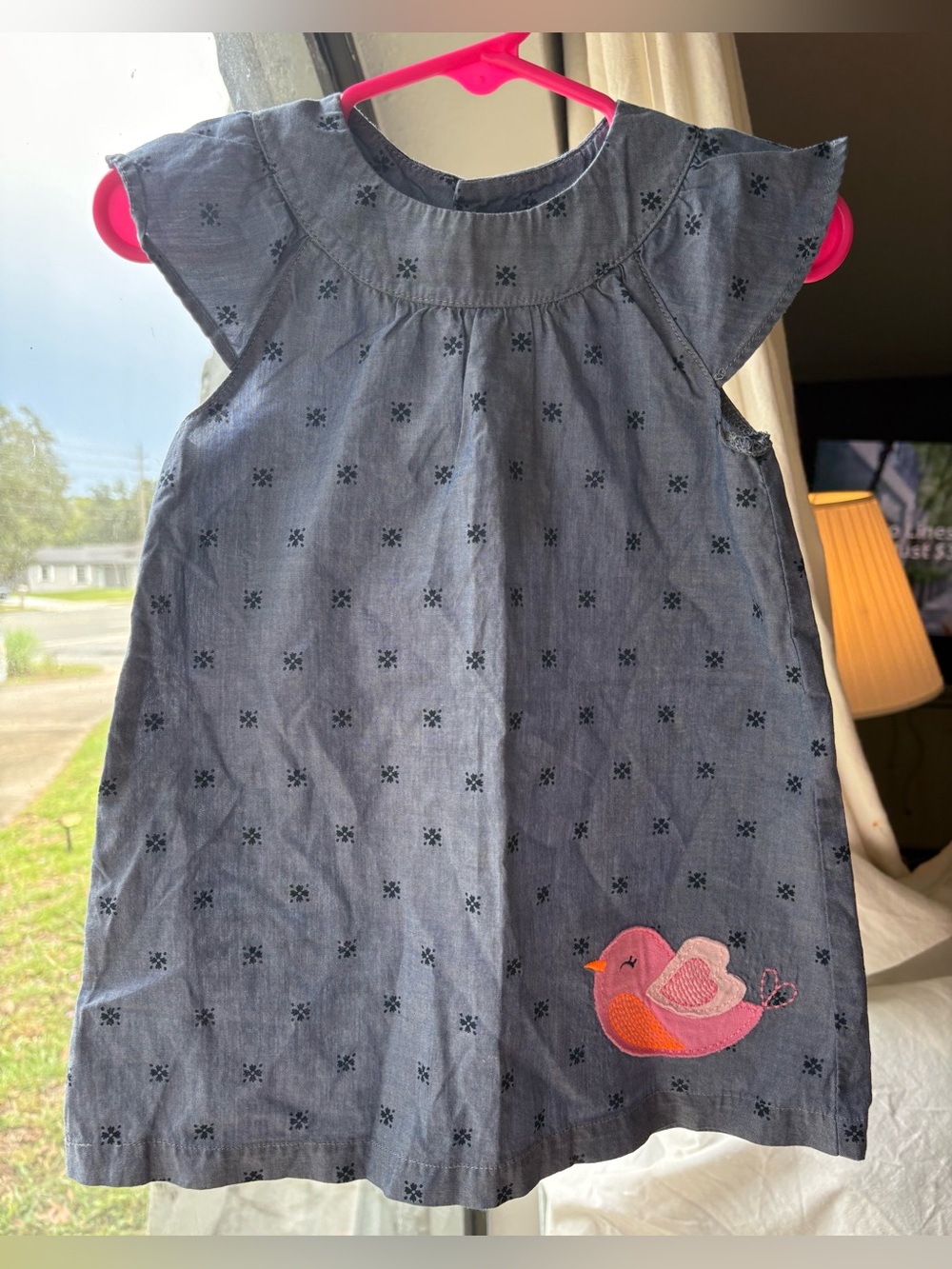Girls' Navy Chambray Dress with Pink Bird Appliqué